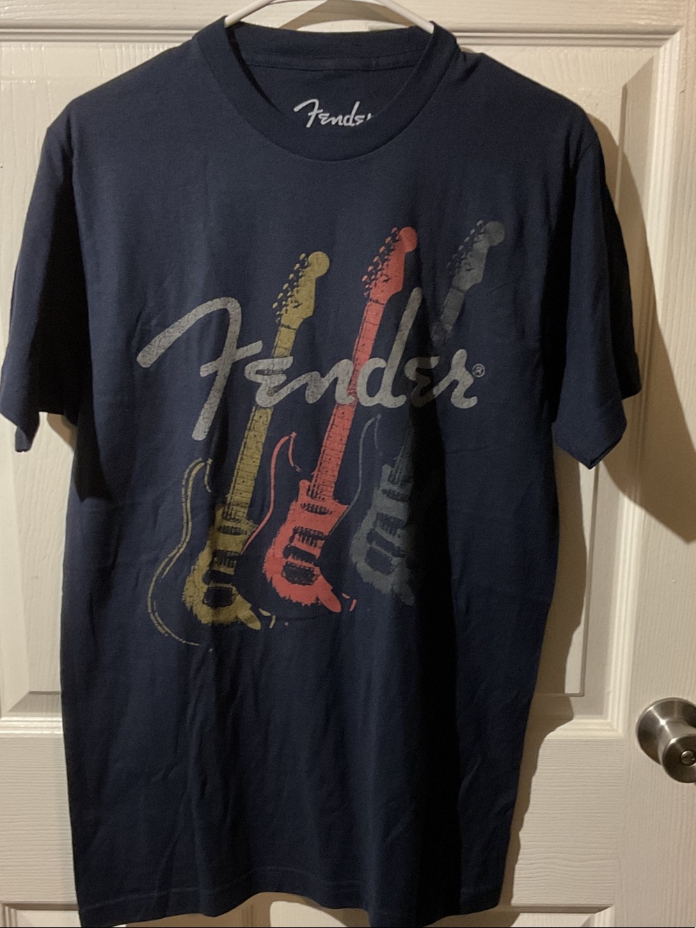 Fender Navy Tee with Yellow, Red & Gray Guitar Graphic